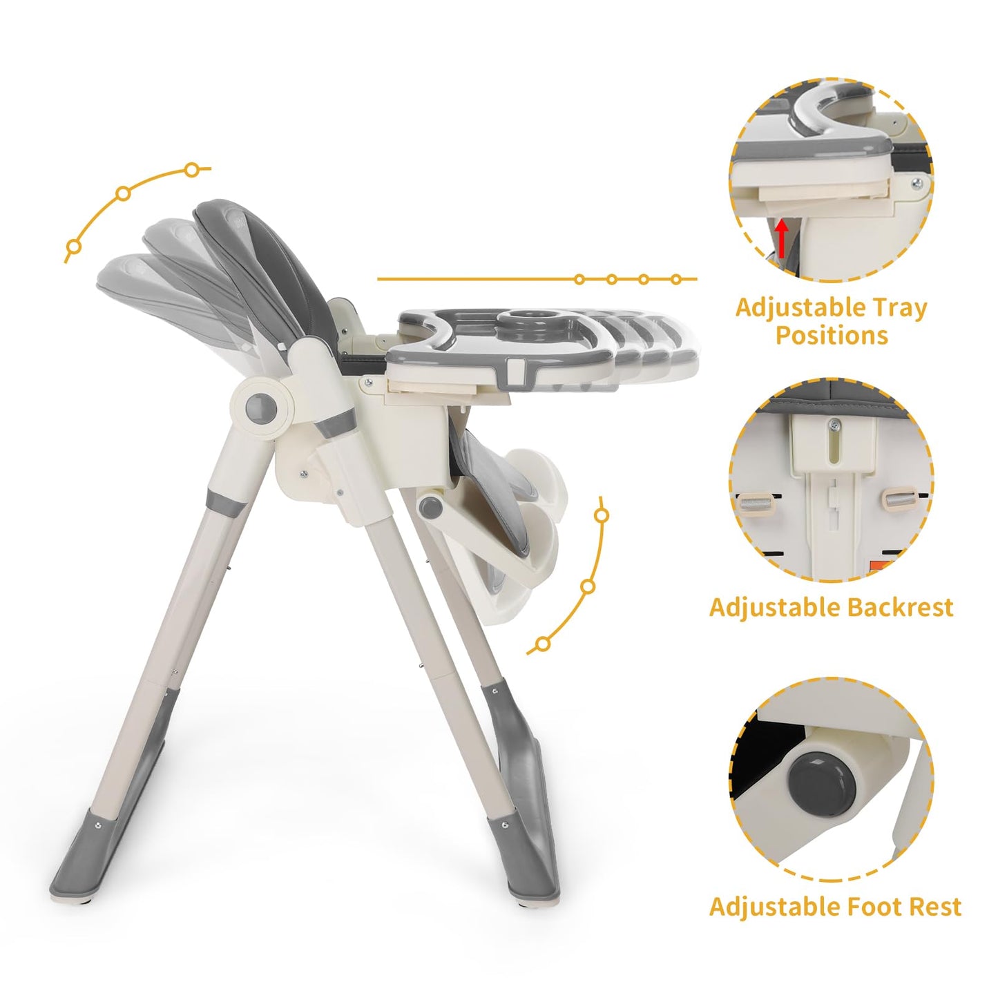 3-in-1 Foldable High Chair for Babies & Toddlers – Adjustable Height, Reclining Seat, 5-Point Safety Harness, Removable Tray, Lockable Wheels and Washable Cushion, Beige