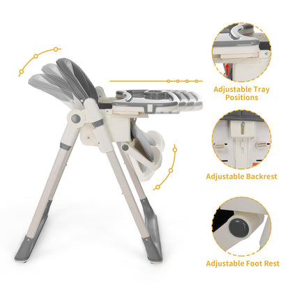 3-in-1 Foldable High Chair for Babies & Toddlers – Adjustable Height, Reclining Seat, 5-Point Safety Harness, Removable Tray, Lockable Wheels and Washable Cushion, Beige