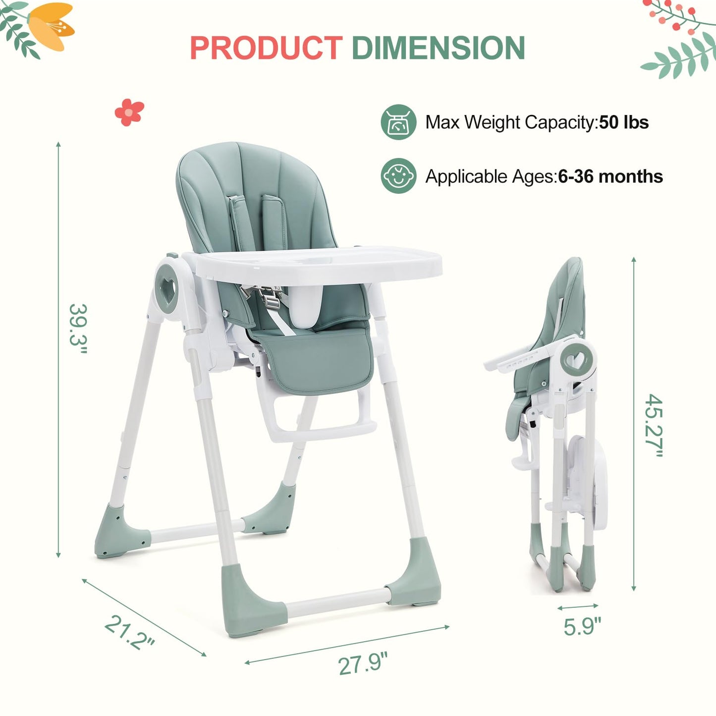 Foldable Baby High Chair with Adjustable Height, 5 Recline Positions & Removable Double Tray - Easy Clean, Space-Saving Infant Highchair for Toddlers, 5-Point Harness & Compact Design