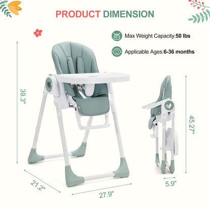 Foldable Baby High Chair with Adjustable Height, 5 Recline Positions & Removable Double Tray - Easy Clean, Space-Saving Infant Highchair for Toddlers, 5-Point Harness & Compact Design