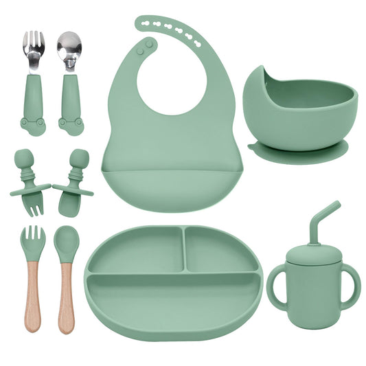Silicone Baby Feeding Set, 10PCS Baby Led Weaning Supplies with Suction Bowl and Divided Plate, Bib Baby Cup Spoons Forks -Baby Feeding Essentials for 6+ Months