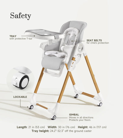 Convertible High Chairs for Babies and Toddlers, Height Adjustable Baby High Chair, High Chair with Removable Tray, Adjustable Backrest and Pedal, Portable Baby Dinning Chair with Lockable Wheels