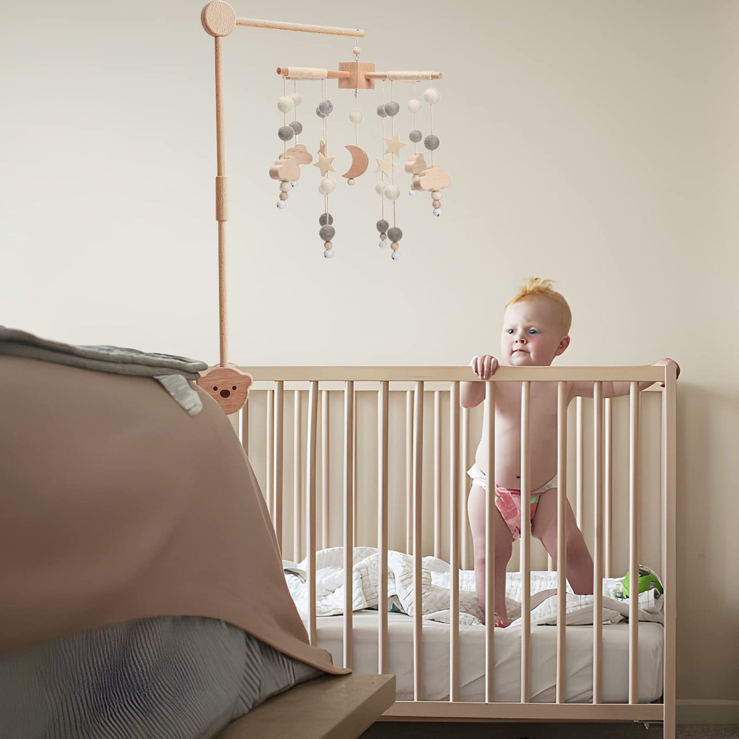 Boho Baby Crib Mobile Decor - Wooden Moon and Stars Nursery Mobiles with Cloud for Bassinet Starry Night Handmade Soft Felt Beads Hanging Wind Chime Toys Pendant for Infant Newborn Boy and Girl