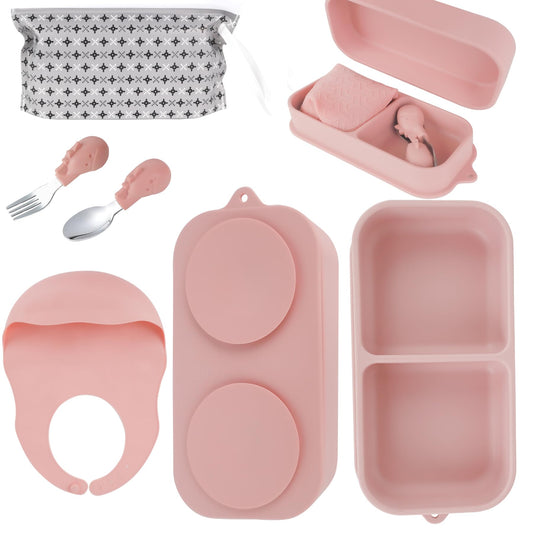 Travel Silicone Baby Feeding Set with 316 Stainless Steel Spoon & Fork ,Silicone Suction Plates, Foldable Bib, Storage Bag - Portable Infant Toddler Utensils, 6-Piece BPA-Free Dishware Kit（gray）
