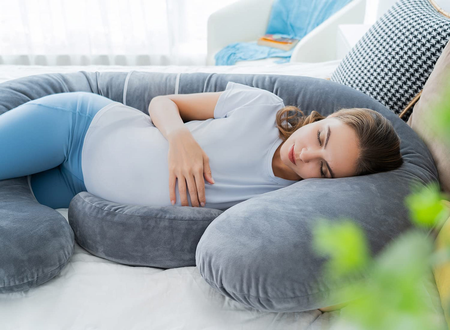 QUEEN ROSE Cooling Pregnancy Pillows,E Shaped Full Body Pillow for Sleeping, with Pregnancy Wedge Pillow for Belly Support, 60 Inch Maternity Pillow for Side Sleeper, Cooling Rayon Cover, Purple