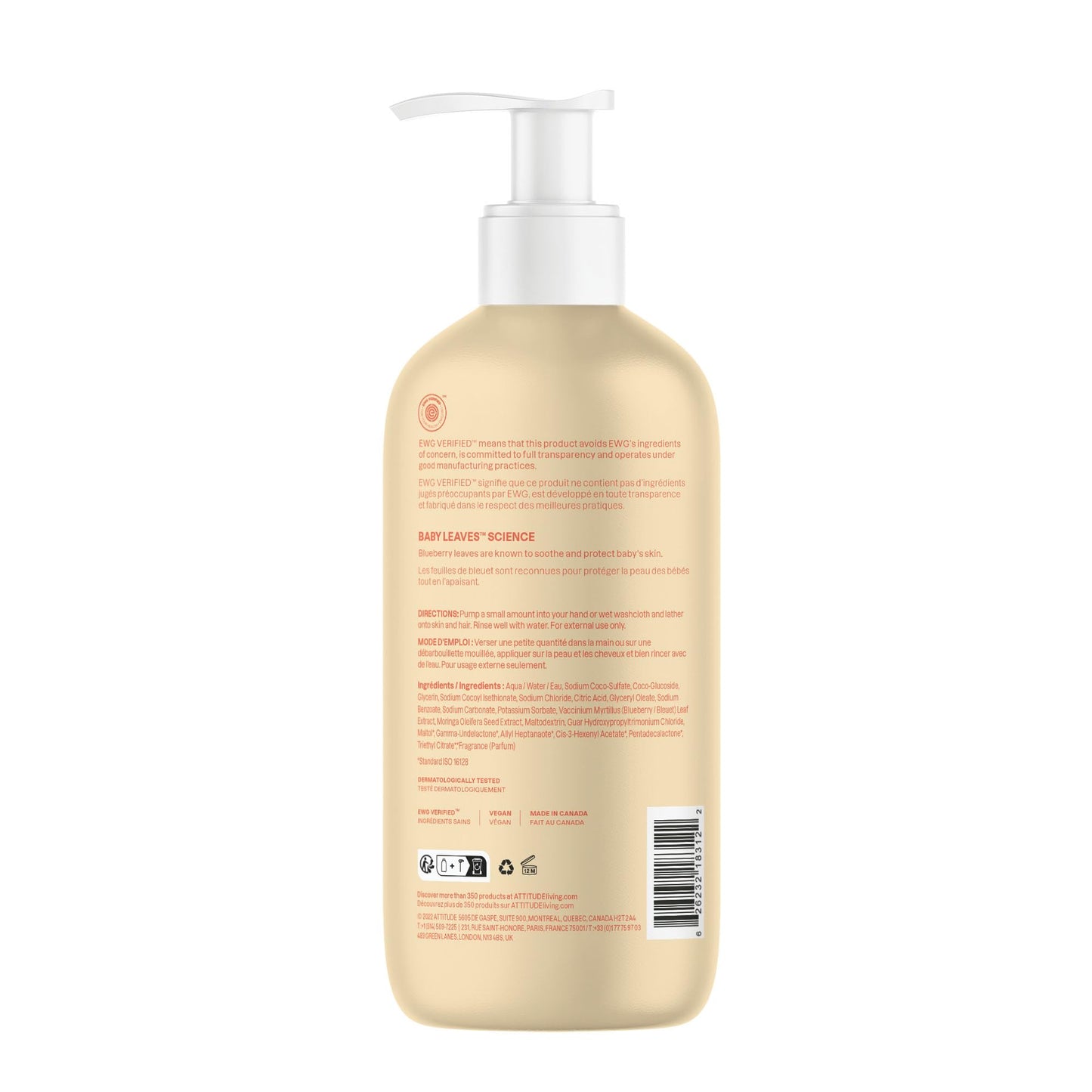 ATTITUDE 2-in-1 Shampoo and Body Wash for Baby, Fragrance-Free EWG Hypoallergenic Plant- and Mineral-Based Ingredients, Vegan and Cruelty-Free, Unscented, 16 Fl Oz