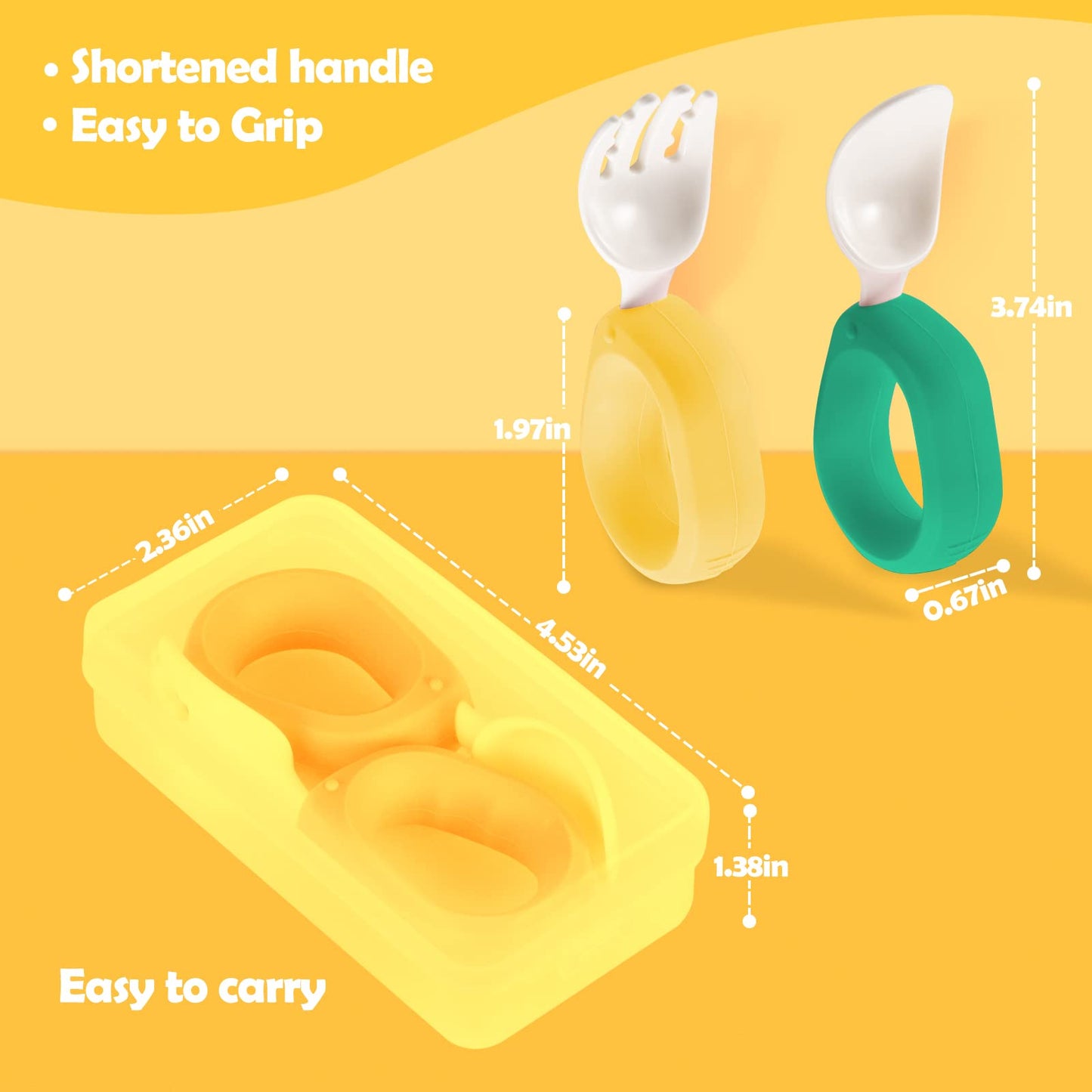 Baby Self Feeding Training Spoon and Fork Set with Travel Case, BPA-Free Cute Circle Toddler Training Utensils, Silicone/ABS Great Tableware Set Spoons Fork for Kids(Yellow)