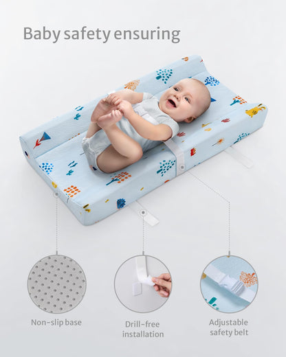 Blissful Diary Baby Changing Pad with Waterproof Lining Foam, Includes a Soft & Washable Cover, Contoured Changing Table Pads for Dresser Top with Non-Slip Bottom, 32”×16” (Grey, Avocado)