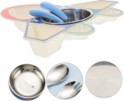 Beaupretty Children's Airplane Shaped Divided Plate Set for Toddlers 304 Stainless Steel Dinnerware with Spoon and Fork for Baby Food Serving and Creative Meals