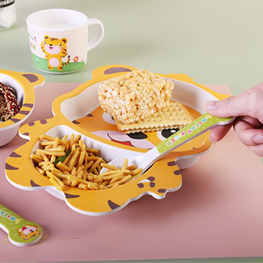 Bamboo Kids Dinnerware Set 5 Pcs Includes Plate Bowl Cup Fork Spoon Perfect for Kids BPA-Free (Little Dinosaur)