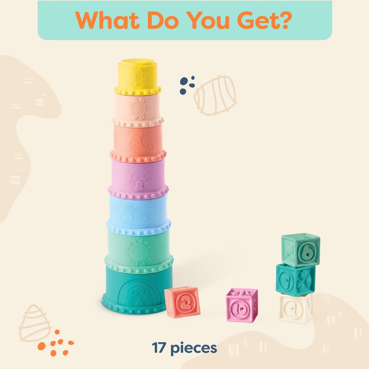 B. toys – Sensory Baby Toys – Soft Baby Blocks – Stacking Drip Cups – Numbers, Shapes & Animals – 6 Months + – Stackin' Squishies