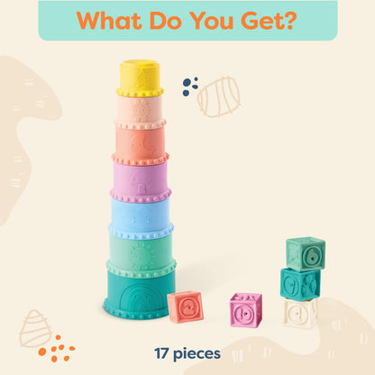 B. toys – Sensory Baby Toys – Soft Baby Blocks – Stacking Drip Cups – Numbers, Shapes & Animals – 6 Months + – Stackin' Squishies