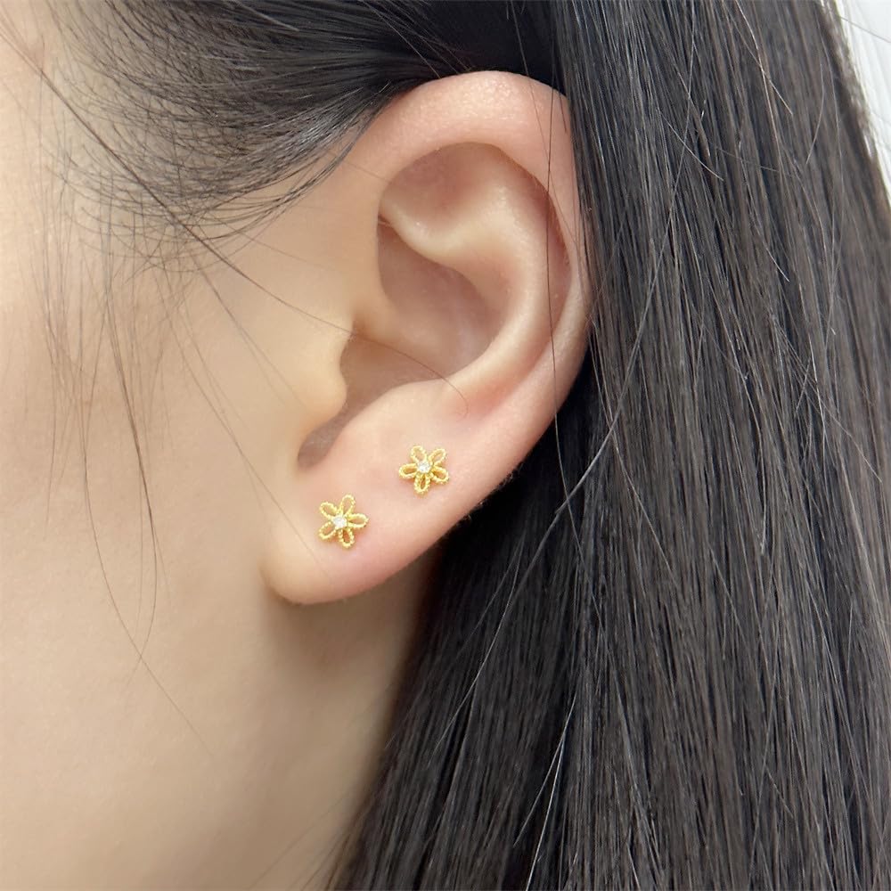 18G Daisy Flower Stud Cartilage Earrings for Women Girls 925 Sterling Silver CZ Tiny Cute Floral 3mm Ball Barbell Screw Back Studs Sleeper Tragus Post Hypoallergenic Piercing Body Jewelry Gifts