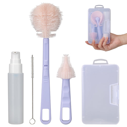 VOOWO Portable Bottle Cleaner Kit Travel Set, Silicone Baby Bottle Cleaner, Straw and Nipple Brush, Soap Dispenser (Purple)