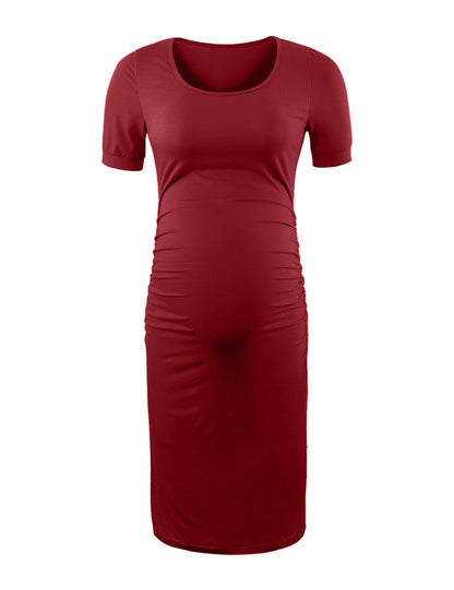 Peauty Everyday Essentials Maternity Bodycon Dress Side Ruch & Short Sleeve Dress for Baby Shower Daily (S-2XL)