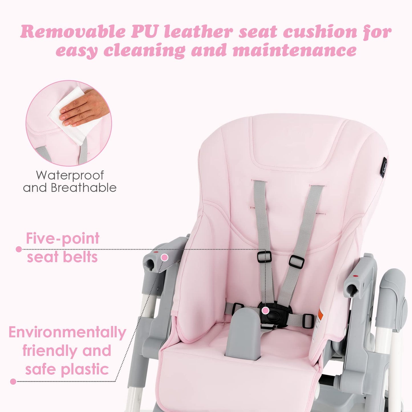 INFANS High Chair for Babies & Toddlers, Foldable Highchair with Multiple Adjustable Backrest, Footrest and Seat Height, Removable Tray, Detachable PU Leather Cushion, Built-in Rear Wheels (Black)