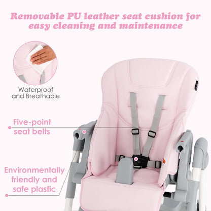 INFANS High Chair for Babies & Toddlers, Foldable Highchair with Multiple Adjustable Backrest, Footrest and Seat Height, Removable Tray, Detachable PU Leather Cushion, Built-in Rear Wheels (Black)