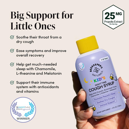 Beekeeper's Naturals Propolis Honey Cough Syrup Daytime for Kids Immune Support with Elderberry, Vitamin C, Vitamin D & Raw Honey - Throat Soothing - Gluten Free & Clean Ingredients, 4 oz.
