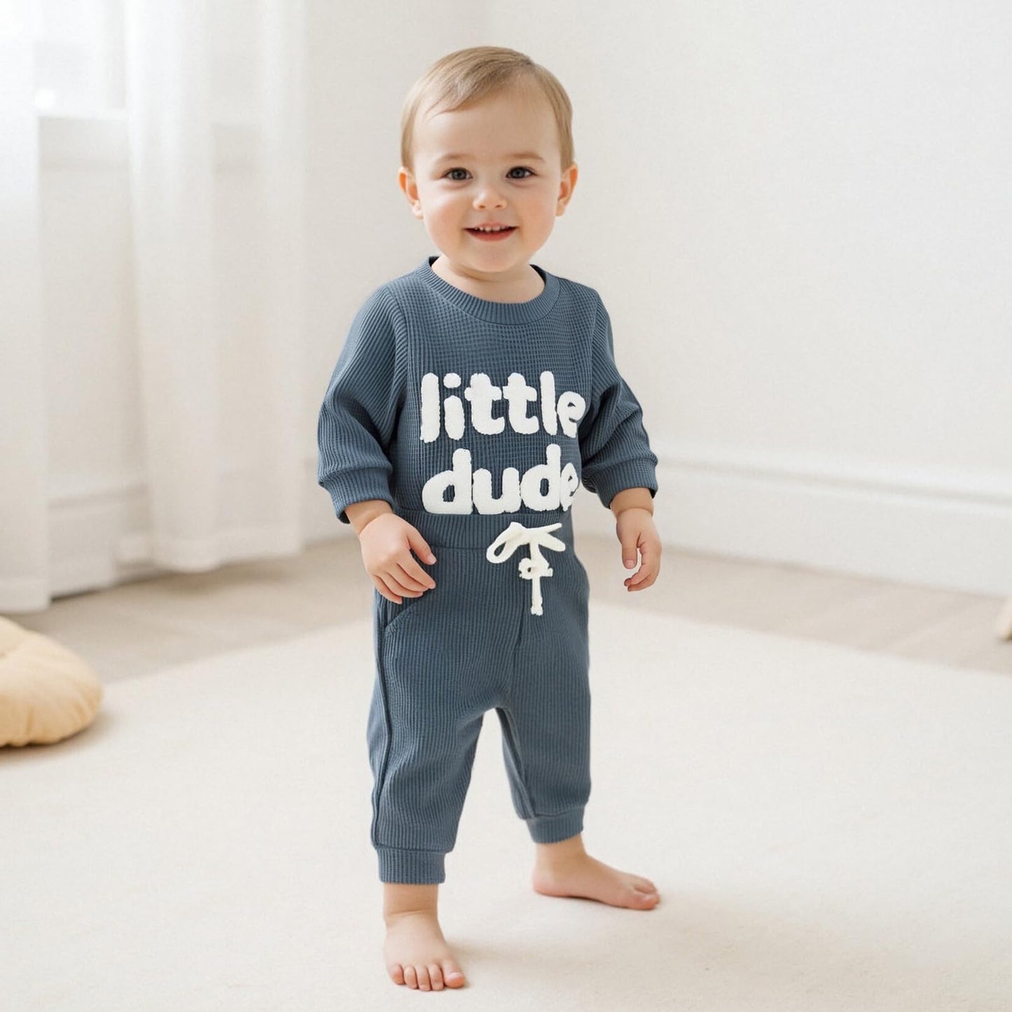 Douhoow Baby Boy Clothes Letters Embroidered Baby Sweatshirt Romper Waffle Pants Set Infant Boy Fall Winter Outfits