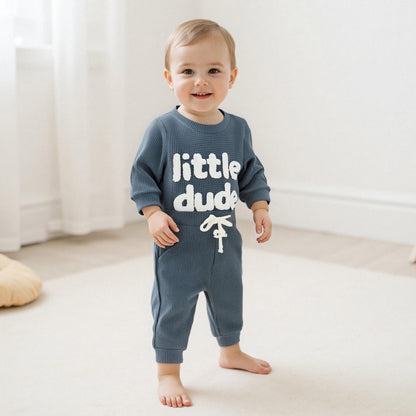 Douhoow Baby Boy Clothes Letters Embroidered Baby Sweatshirt Romper Waffle Pants Set Infant Boy Fall Winter Outfits