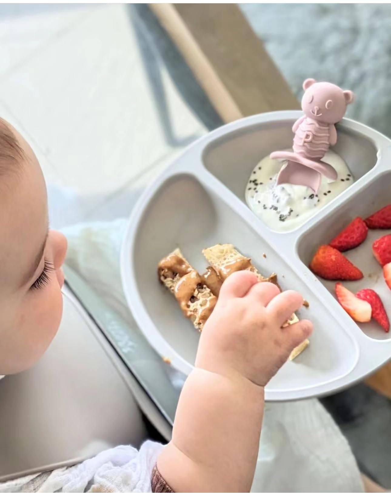 PandaEar 6 Pack Baby Led Weaning Spoons Forks 6+ Months | Silicone Baby Spoons and Fork Self Feeding Utensils, Toddler Infant Anti-Choke Feeding Utensils, Bear Shape (Pink Green Linen)