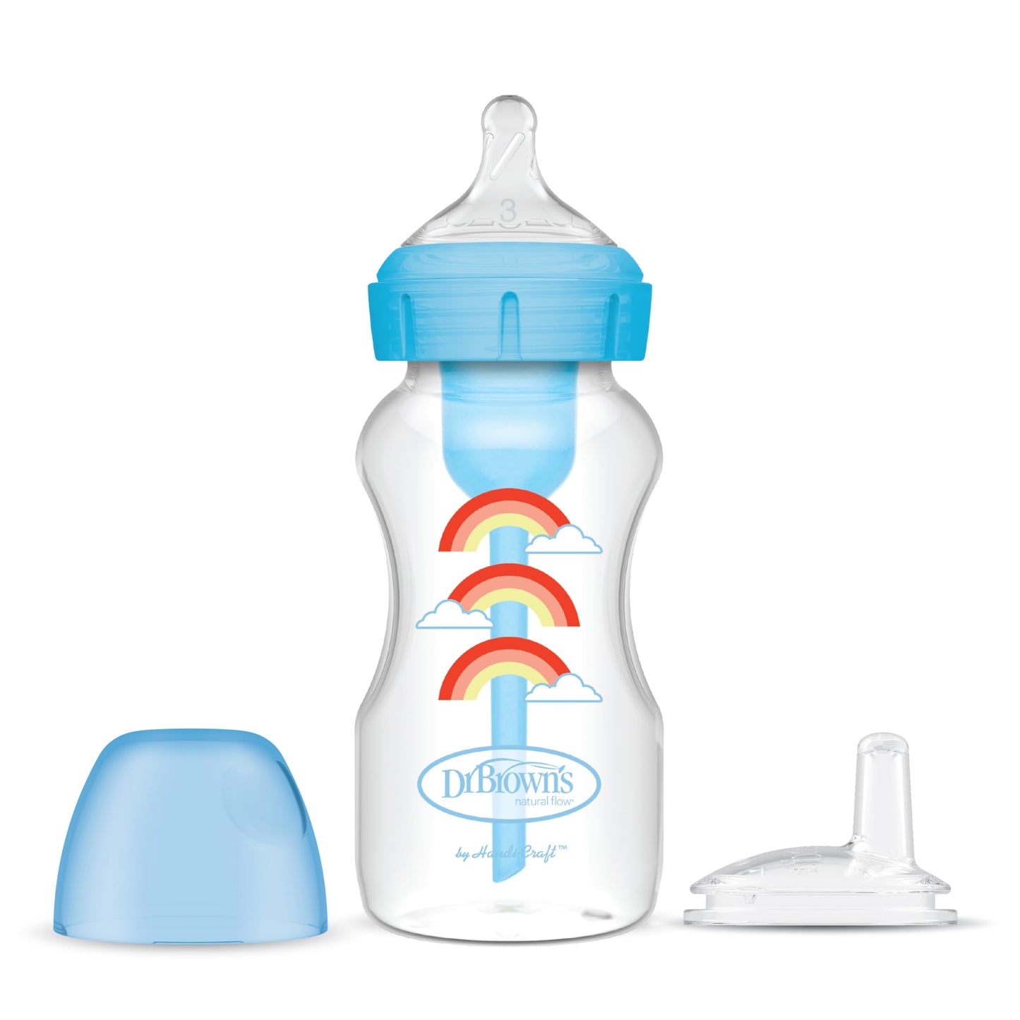 Dr. Brown’s Anti-Colic Options+ Wide-Neck Sippy Bottle Starter Kit, 9oz/270mL, with Level 3 Medium-Fast Flow Nipple and Soft 100% Silicone Sippy Spout, Pink, BPA Free, 6m+