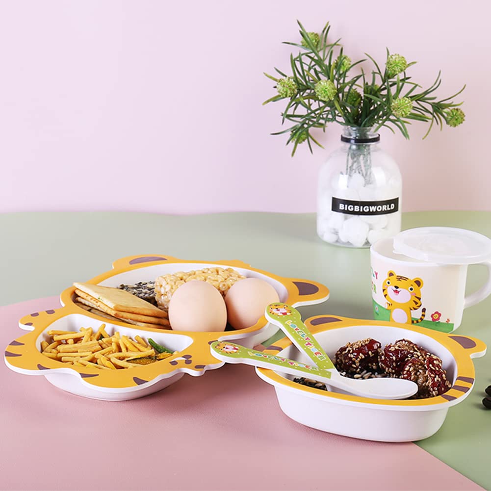 Bamboo Kids Dinnerware Set 5 Pcs Includes Plate Bowl Cup Fork Spoon Perfect for Kids BPA-Free (Little Dinosaur)