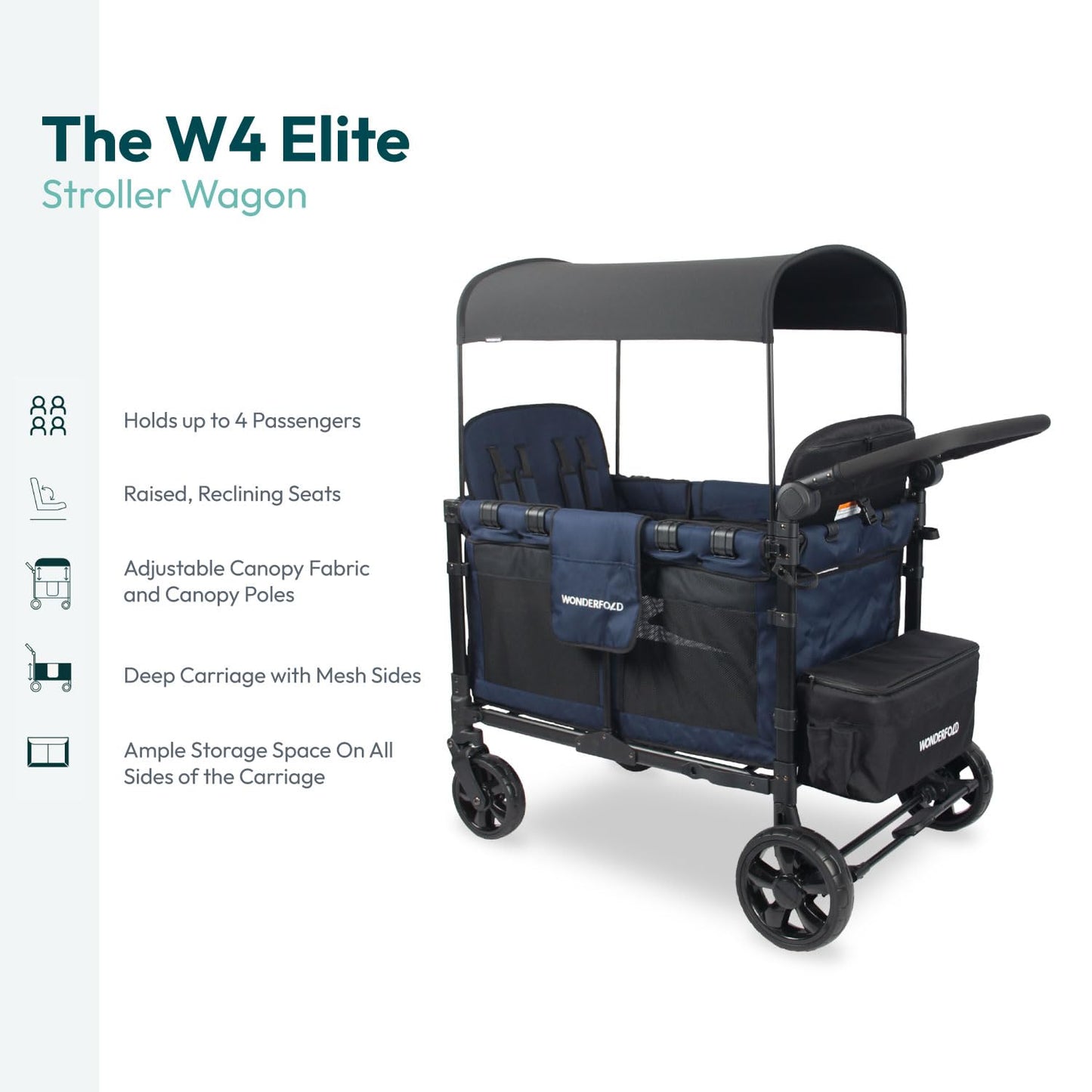 WONDERFOLD W4 Original Stroller Wagon (4 Seater) - Collapsible Wagon Stroller with Seats with 5-Point Harnesses, Easy Access Zipper Door, and Removable Sun Canopy, Black
