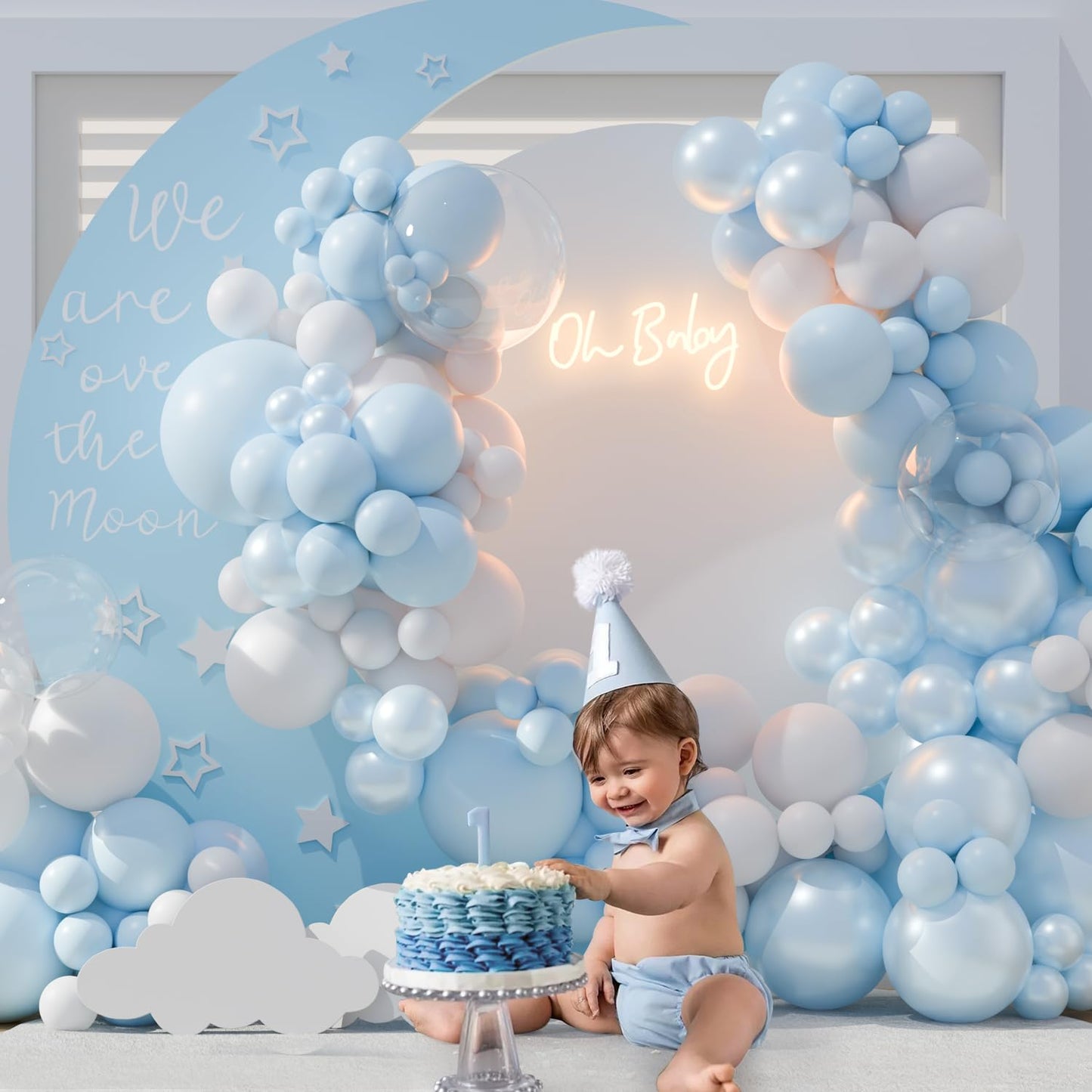 Blue Balloon Arch Kit, 127Pcs Double Stuffed Balloon Arch Garland Kit Include Pearl Blue Macaron Light blue White Clear Balloons for Bridal Shower Baby Shower Birthday Wedding Decorations