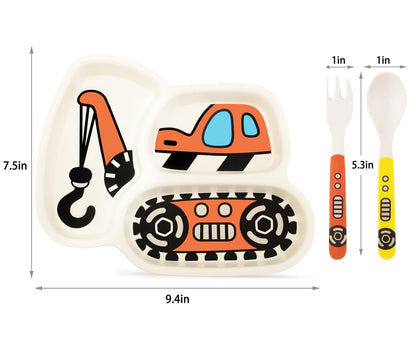Kids Plate Set, Included Fork and Spoon 3-Piece Set - Toddler Dinnerware Dinner Dish Set - Baby Feeding Divided Plate - Child Portion Control Dish Tray (Excavators)