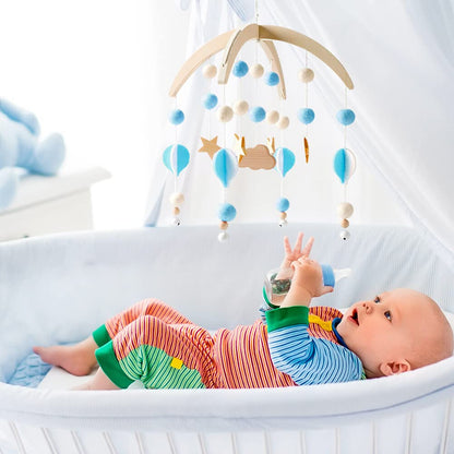 Baby Mobile for Crib, Wooden Baby Crib Mobile with Felt Ball Decor, Baby Crib Nursery Mobile Star Moon for Baby Boys and Girls, Boho Hanging Decor Baby Bed Bell Crib Rattle Hanging Wind Chime Blue