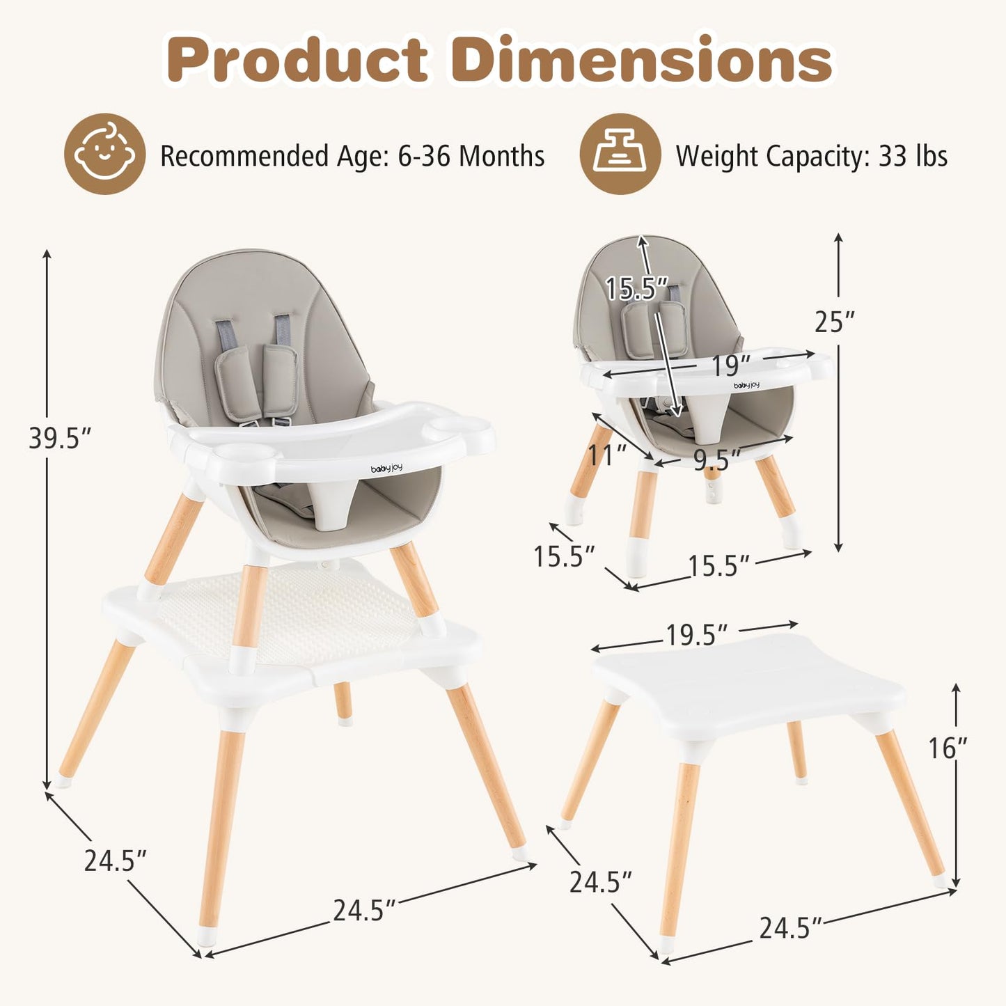 BABY JOY 6 in 1 High Chair, Convertible High Chairs for Babies and Toddlers/Booster Seat/Table and Chair Set, Infant Wooden Highchair w/ 5-Point Harness, 4-Position Removable Tray & PU Cushion, Coffee