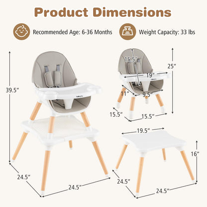 BABY JOY 6 in 1 High Chair, Convertible High Chairs for Babies and Toddlers/Booster Seat/Table and Chair Set, Infant Wooden Highchair w/ 5-Point Harness, 4-Position Removable Tray & PU Cushion, Coffee