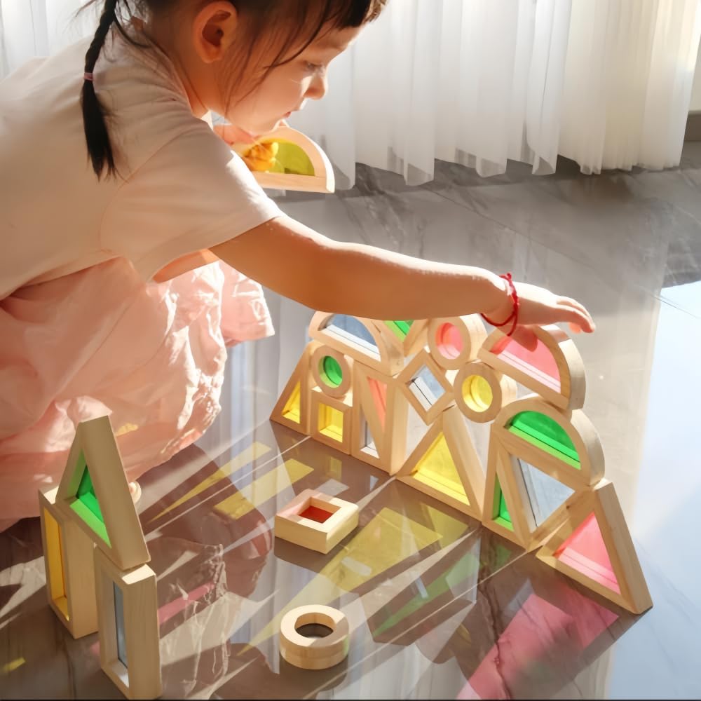 Rainbow Sensory Toys Blocks,15 Large Pcs Wooden Building Blocks for Toddlers Baby Kids,Colorful Geometric Stacking Toys, Preschool Educational Toy Set.
