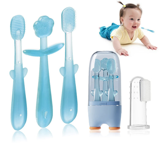 FOKiiBO Baby Silicone Toothbrush Set, Toothbrush + Tongue Brush + Toothbrush + Finger Toothbrush with Cup for Training Teething, 0-18M Infant Toddler Newborn Baby Teeth Brushes (Yellow)