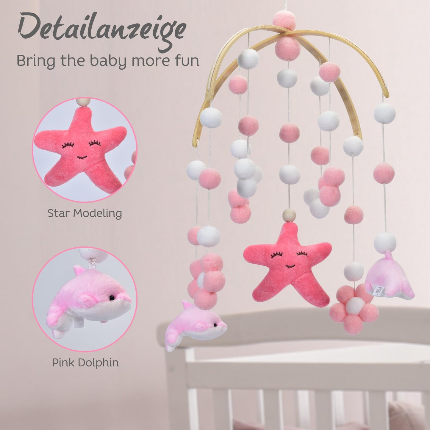 Baby Crib Mobile - Cloud Mobile for Crib, Felt Cloud Nursery, Baby Bassinet Mobile - Shower Set for Infant Bedroom Hanging Decoration (Pink)