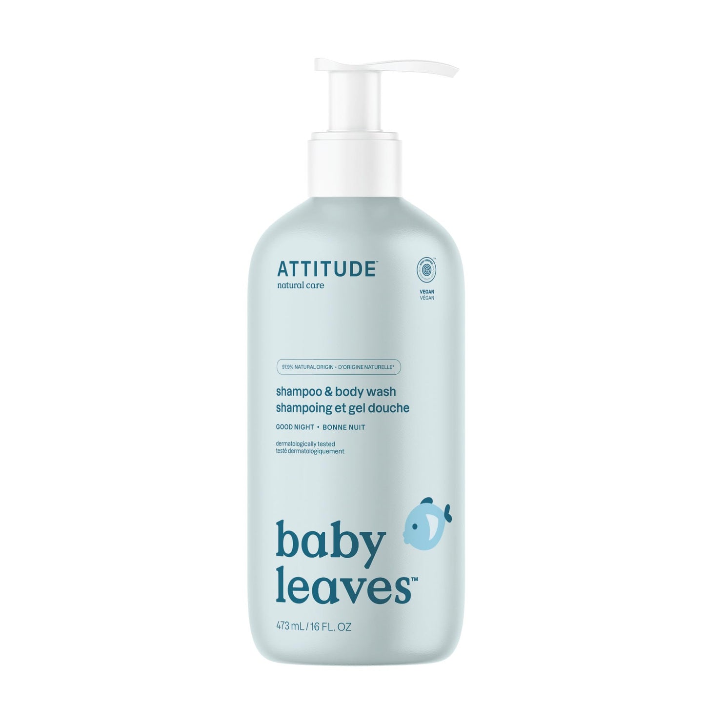 ATTITUDE 2-in-1 Shampoo and Body Wash for Baby, Fragrance-Free EWG Hypoallergenic Plant- and Mineral-Based Ingredients, Vegan and Cruelty-Free, Unscented, 16 Fl Oz