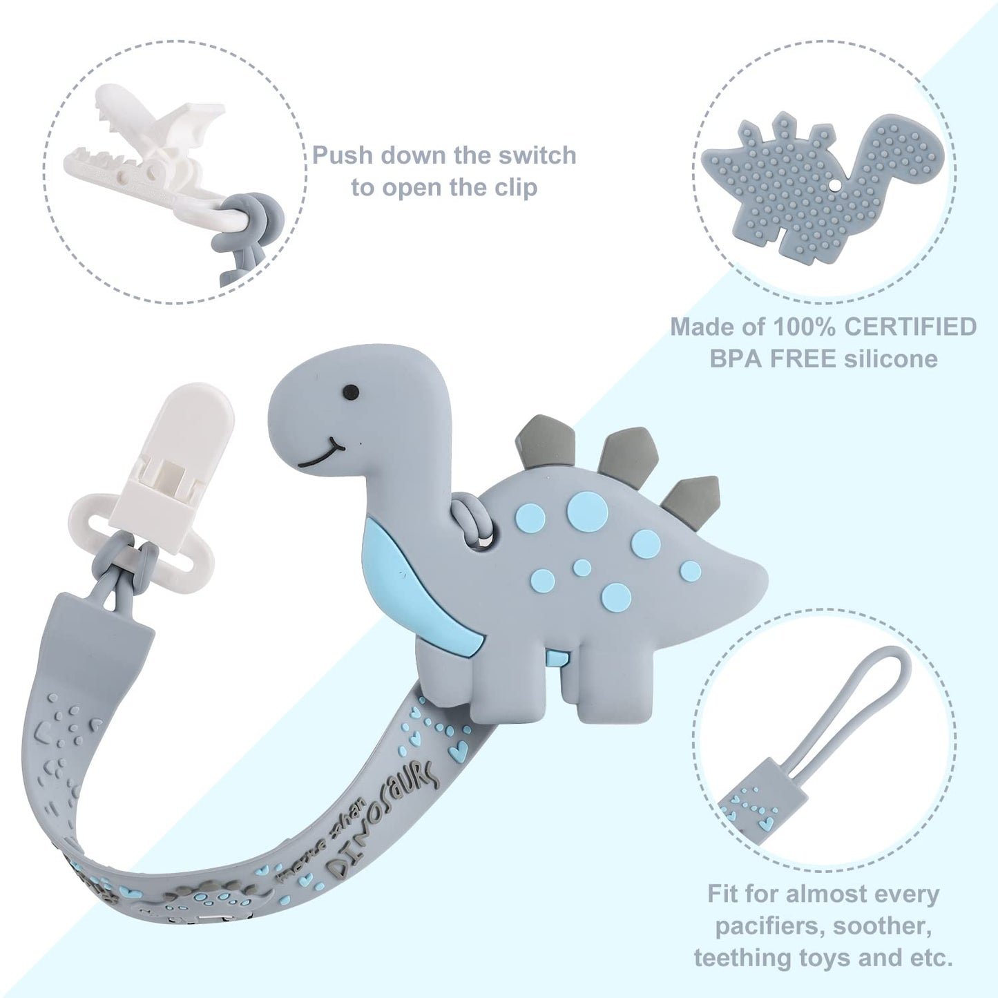 Baby Teething Toys for Babies 3-6 6-12 Months, Dinosaur Teether Pain Relief Toy with One Piece Design Pacifier Clip Holder Set, Freezer Safe Neutral Shower Gift for Boys and Girls (Pink)