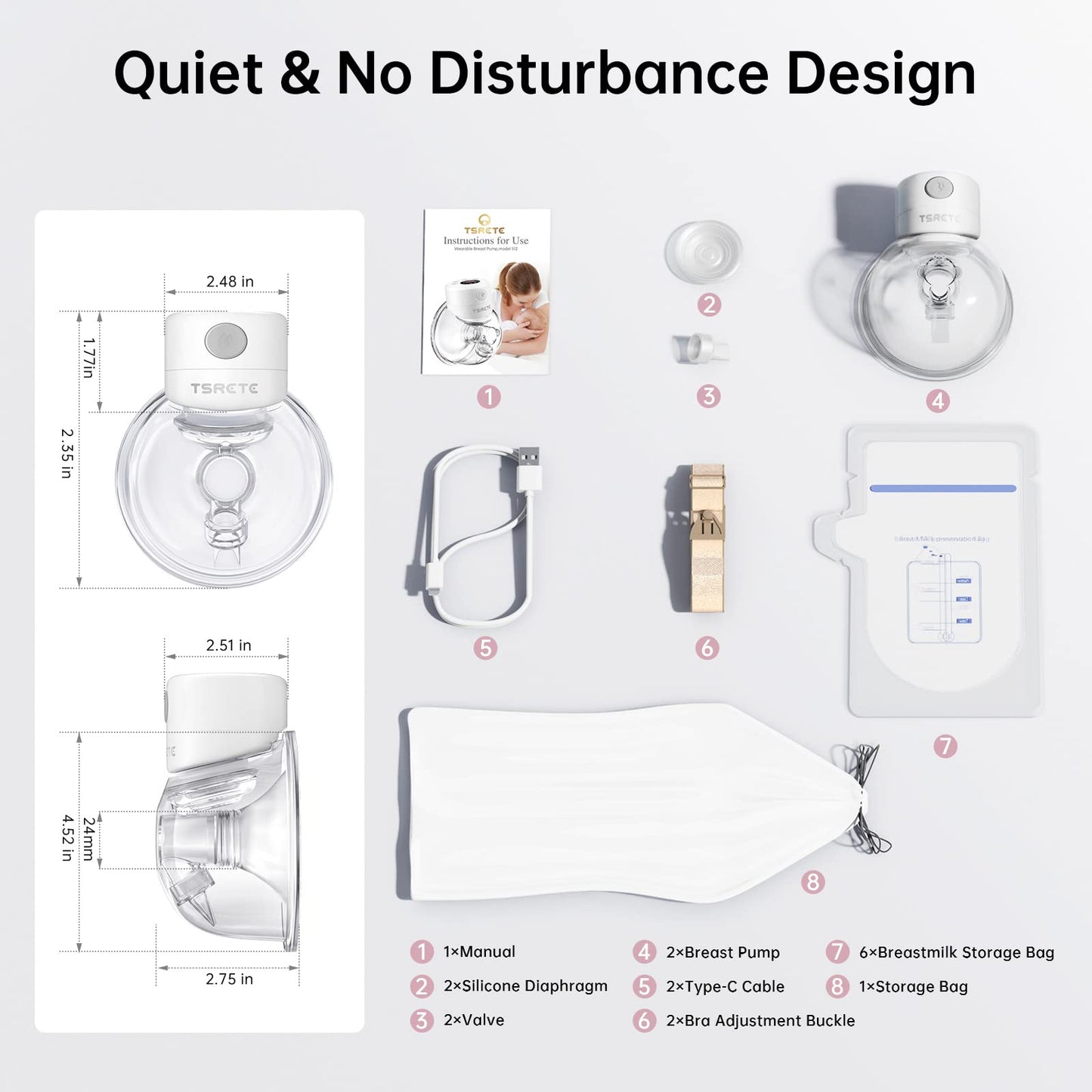 TSRETE Double Wearable Breast Pump, Electric Hands-Free Breast Pumps with 2 Modes, 9 Levels, LCD Display, Memory Function Rechargeable Milk Extractor-24mm Flange, Pink
