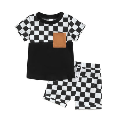 Toddler Baby Boy Summer Clothes Set Short Sleeve Checkered Tops & Shorts Novelty Color Block Outfits