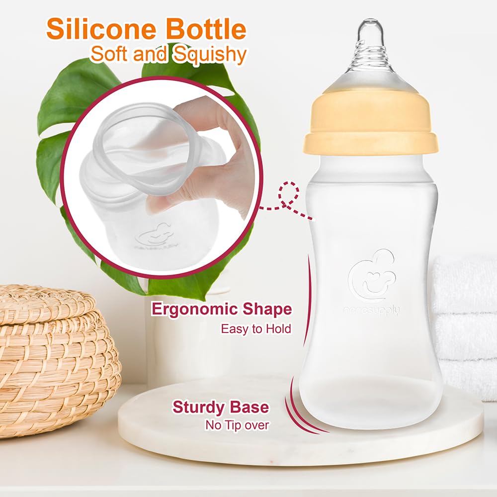 Nenesupply Natural Baby Bottles Newborn Feeding Bottles Slow Flow Breastfeeding Bottle for Breastfed Babies Wide Neck 9oz Anti Colic Level 2 Nipple for 1+ Month Infant Replace Spectra Bottle Pumping