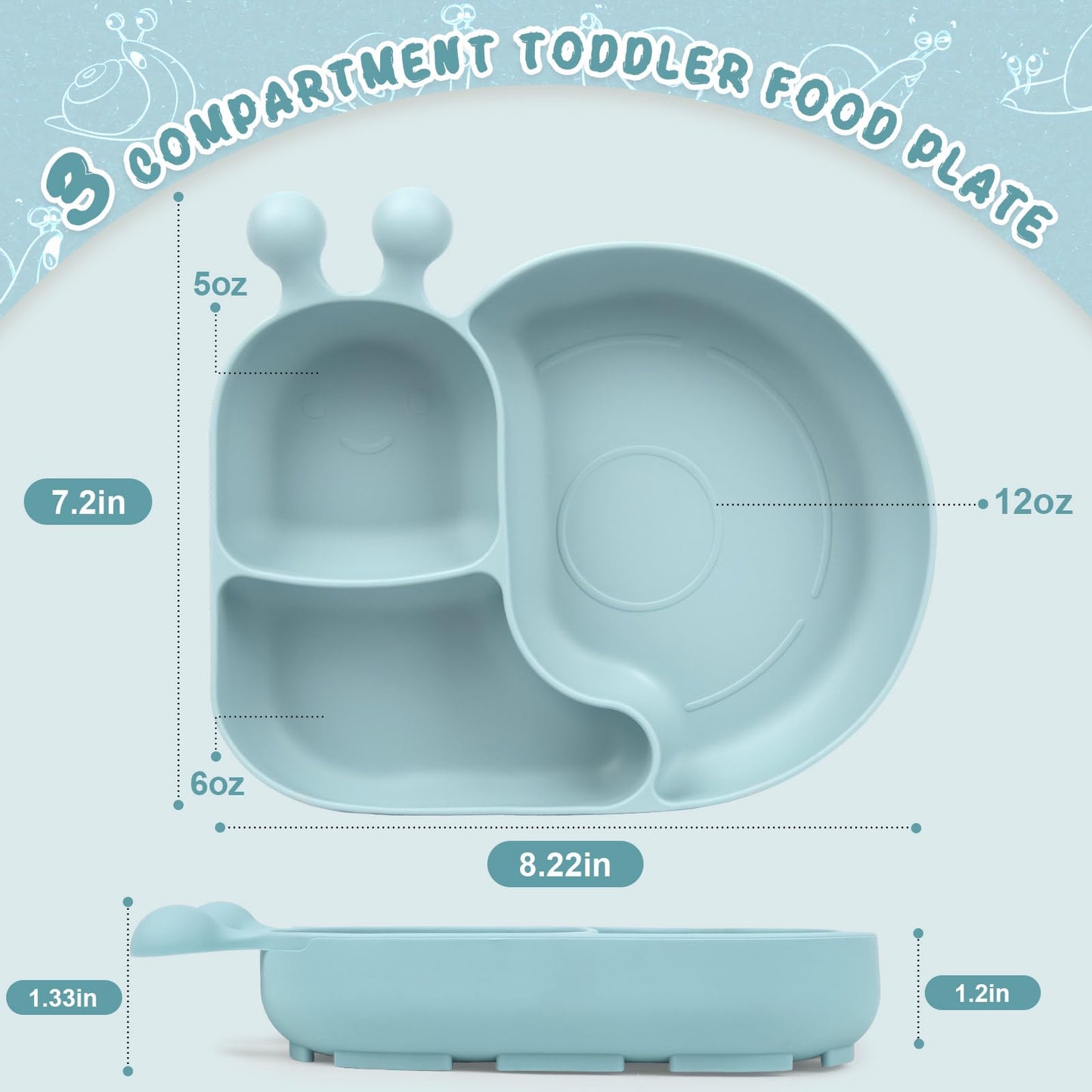 Silicone Baby Plate with Super Suction – Snail Shape 3 Compartment Toddler Food Plate Self Feeding Unbreakable Eating Supplies for Boys and Girls (Pink) (Green)