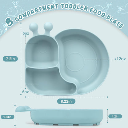 Silicone Baby Plate with Super Suction – Snail Shape 3 Compartment Toddler Food Plate Self Feeding Unbreakable Eating Supplies for Boys and Girls (Pink) (Green)