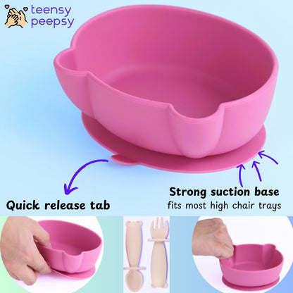 Bear Silicone Baby Bowl Suction Baby Spoon and Fork for Babies 6 months+ Suction Bowls for Baby Utensils 6-12M+ BLW Essentials (Peach Lilac)
