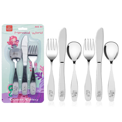 Lehoo Castle Kids Silverware Stainless Steel 6 Piece - Toddler Spoons and Forks Knife Set, Metal Kids Cutlery Set, Toddler Utensils Self Feeding (Dinosaur World)