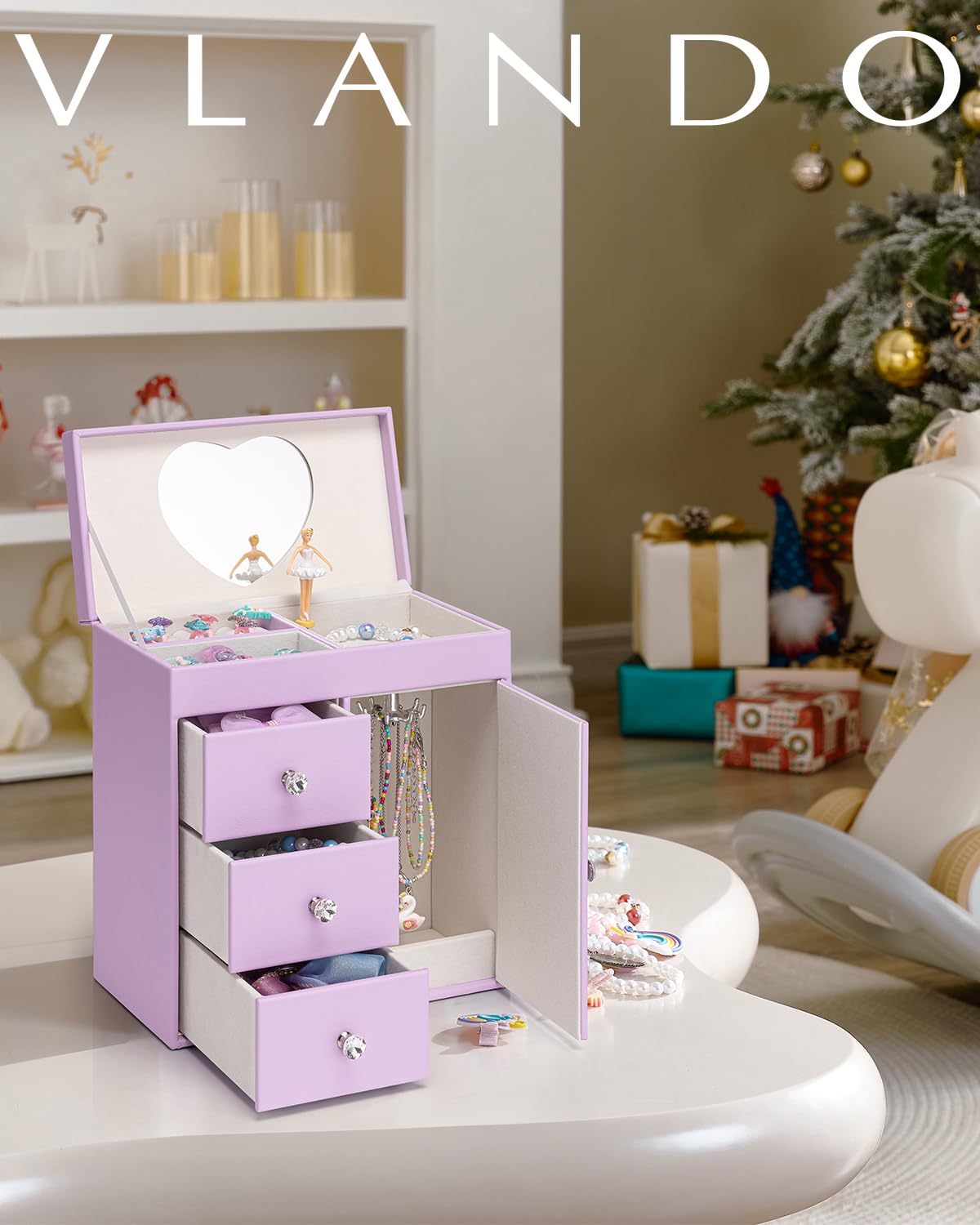 Vlando Musical Jewelry Box for Girls, Large Kid Music Box with Ballerina for Birthday Bedroom Decor, 4 Layer Girl Jewelry Gifts for Girls Kids - Light Pink