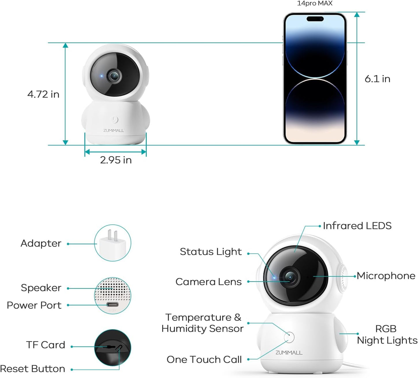 ZUMIMALL Security Camera Indoor, 5G/2.4G WiFi Baby Monitor with Camera and Audio, 2K Wired Pet Cameras for Home Security, One-Click Call, Auto Tracking, Cry/PIR/AI Detection, Alexa/ONVIF/Cloud