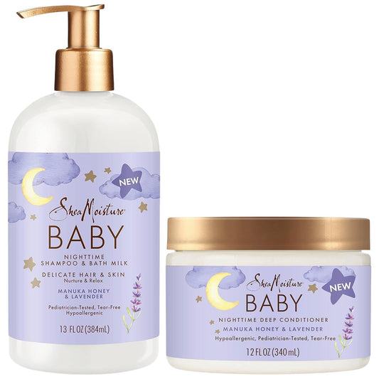 Shea Moisture Baby Care Set – Relaxing Nighttime Shampoo & Bath Milk + Nighttime Deep Conditioner, Manuka Honey & Lavender (2 Piece Set)