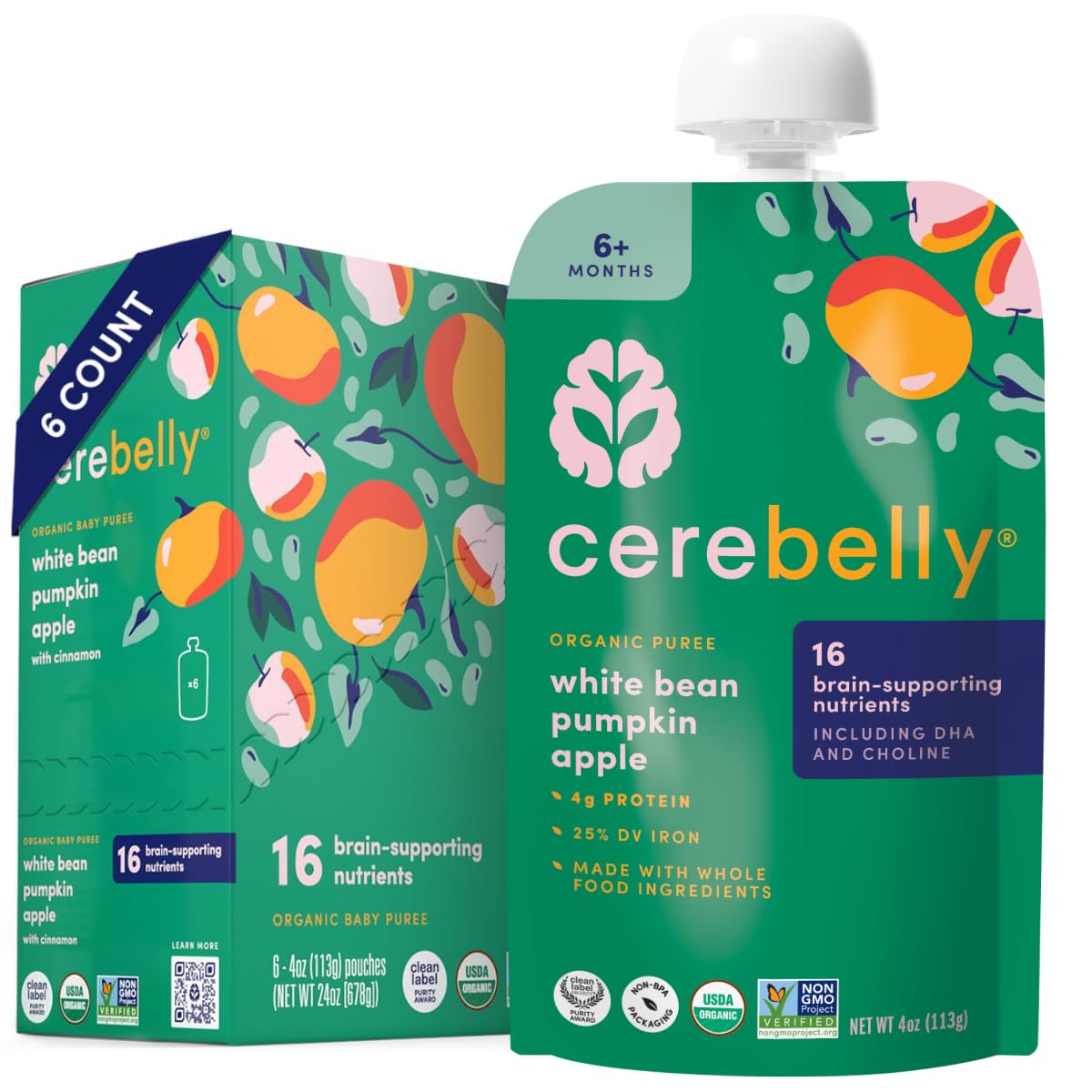 Cerebelly Organic Baby Food Pouches Variety Pack – Organic Veggie Purees for Toddlers | No Added Sugar, Fiber, Non-GMO | Blended Toddler Pouches | 4 Ounce BPA-Free Pouch | 4 Flavors | 8 Count