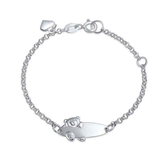 Bling Jewelry Personalized Name Bar Teddy Bear ID Identification Bracelet Women Teen .925 Silver Sterling Small Wrists 5-6 Inch Adjust